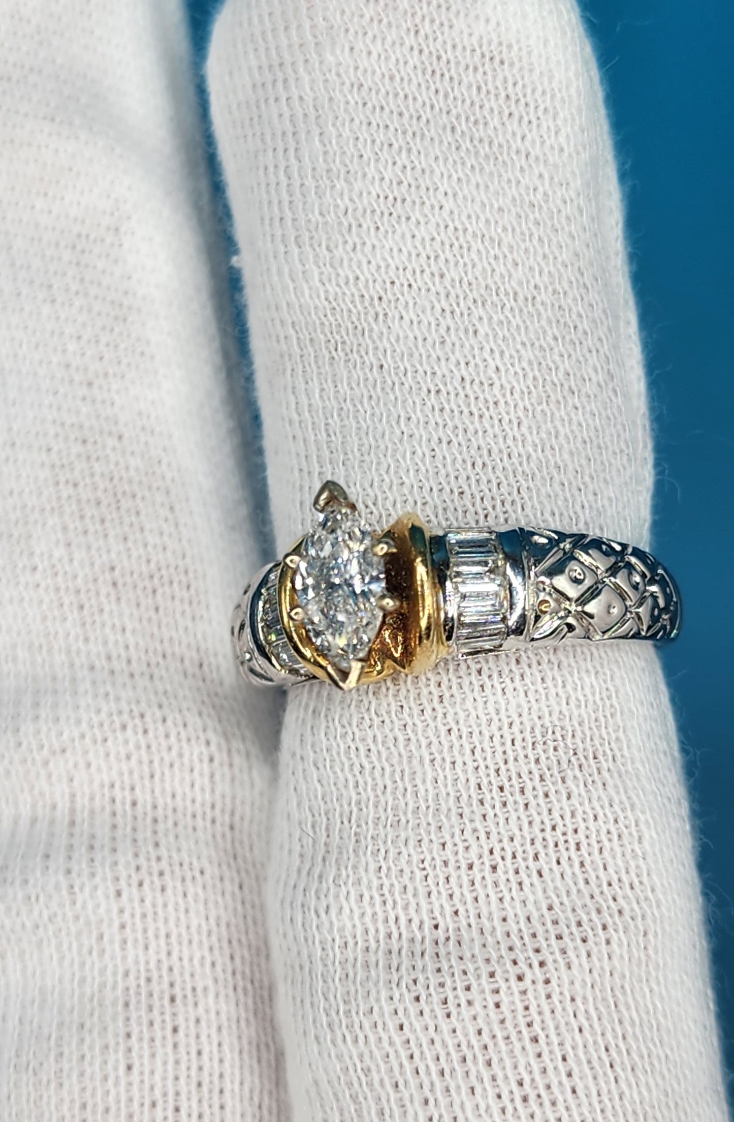 Marquise Diamond Solitaire Engagement Ring in 14k White and Yellow Gold