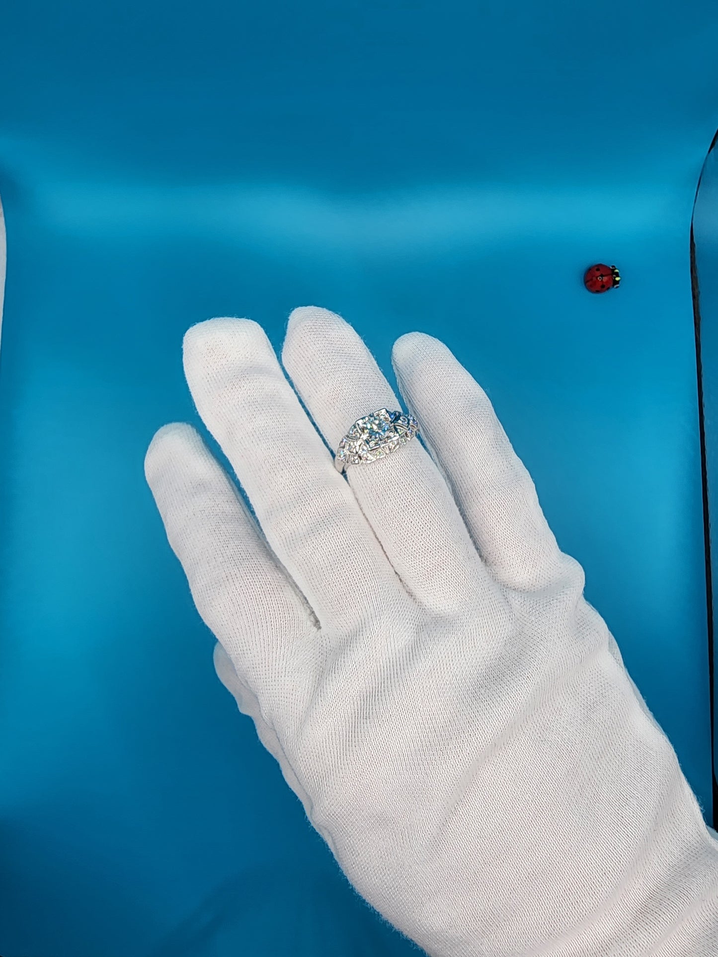 Original Art-Deco Diamond Ring with Milgrain Design in 14k White Gold