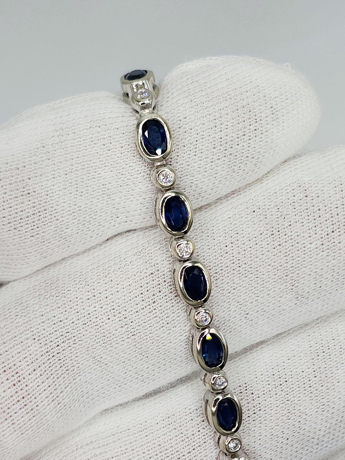Bezel Set Sapphire and Diamond Tennis Bracelet in 14k White Gold