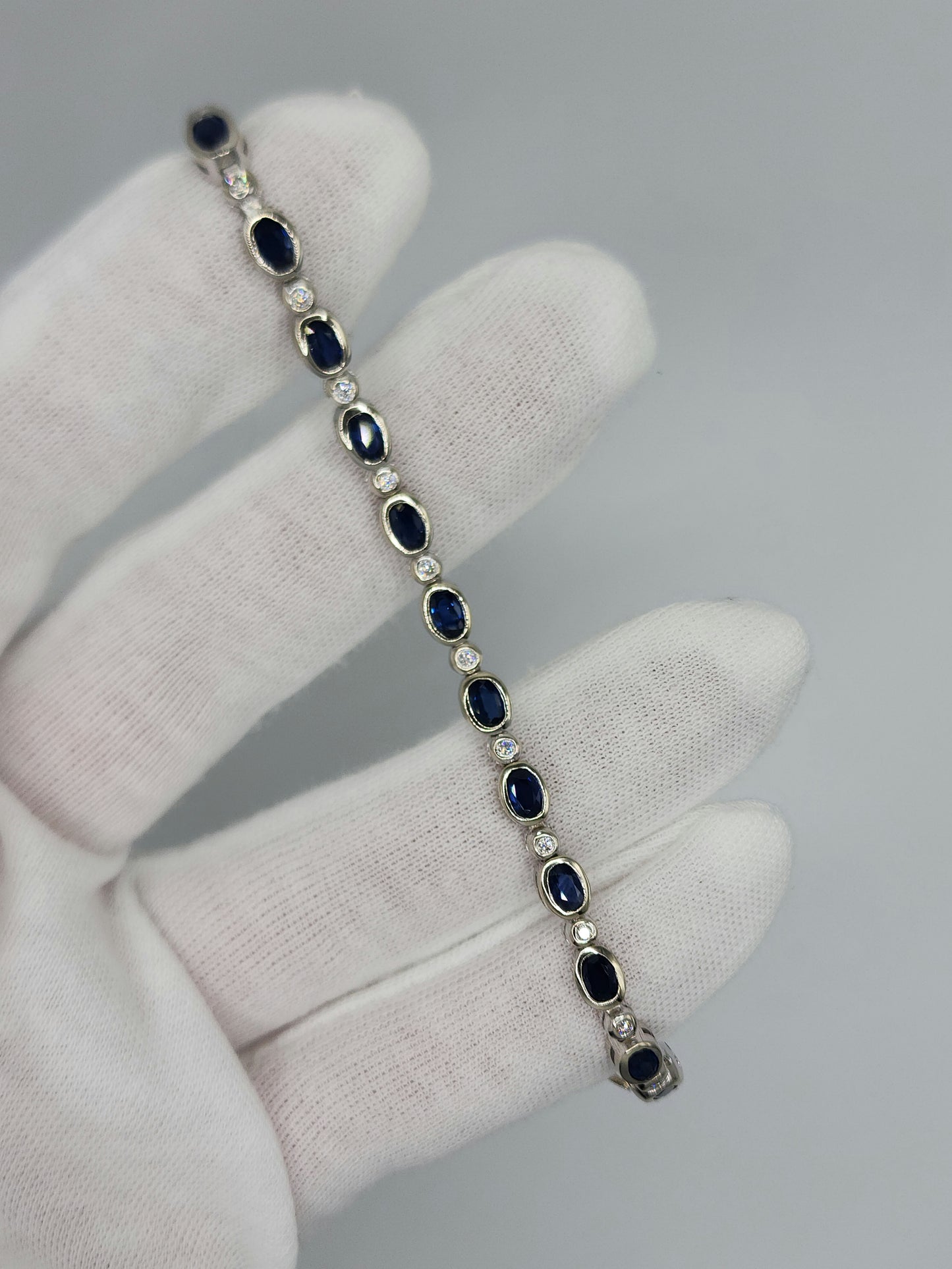Bezel Set Sapphire and Diamond Tennis Bracelet in 14k White Gold