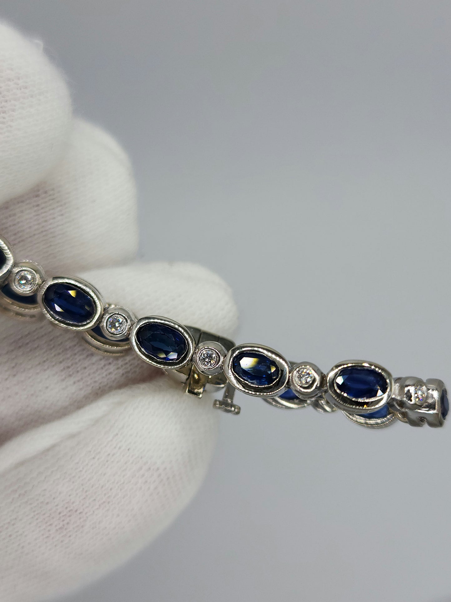 Bezel Set Sapphire and Diamond Tennis Bracelet in 14k White Gold