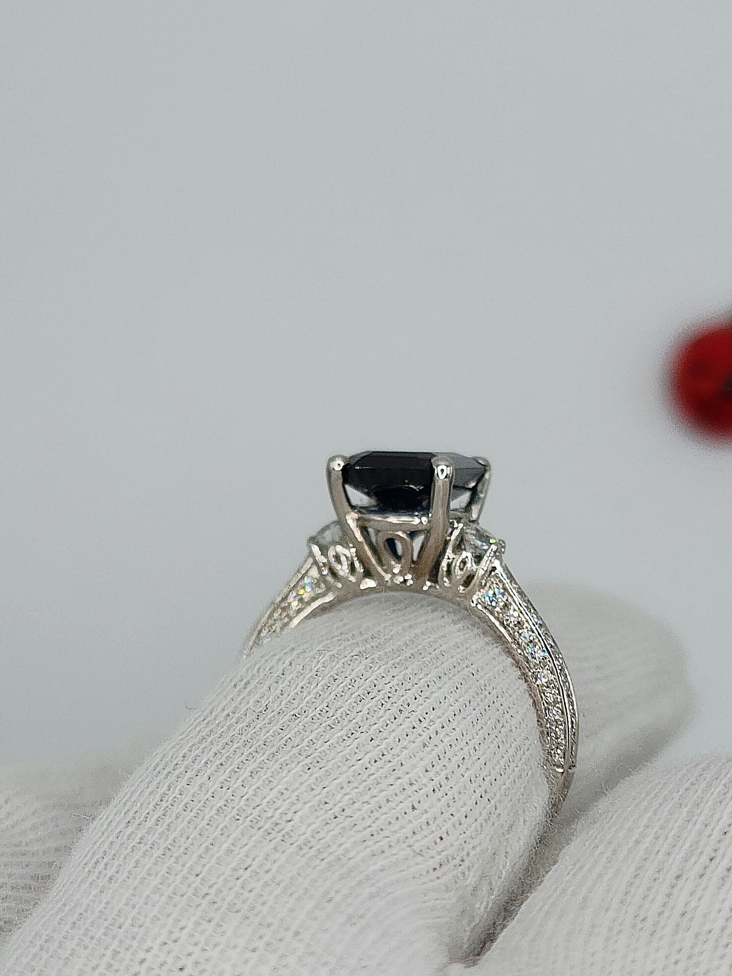 Emerald Cut Blue Sapphire and Diamond Ring in 14k White Gold