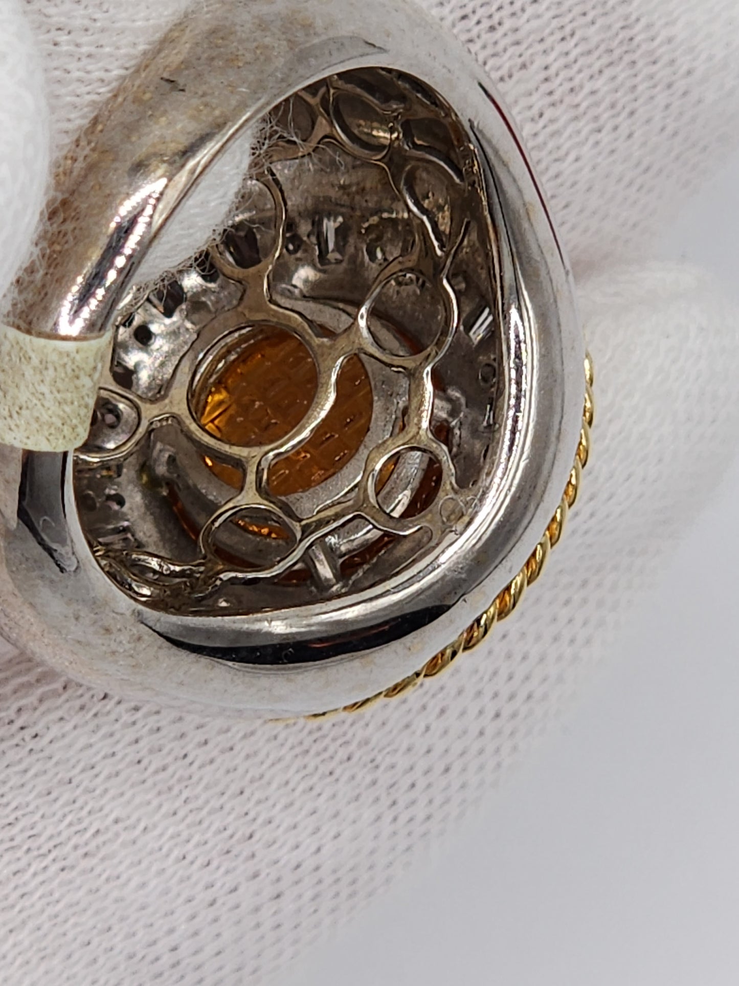 Cabochon Cut Yellow Topaz and Halo Diamonds Ring in 18k Yellow and White Gold