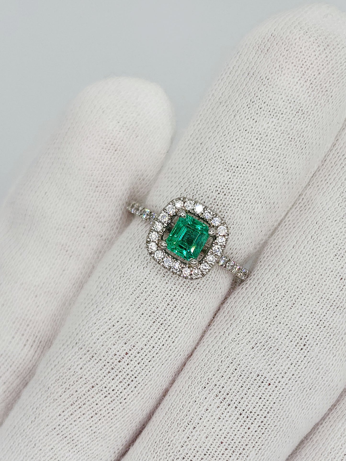 Princess Cut Emerald and Diamond Halo Engagement Ring in 18k White Gold