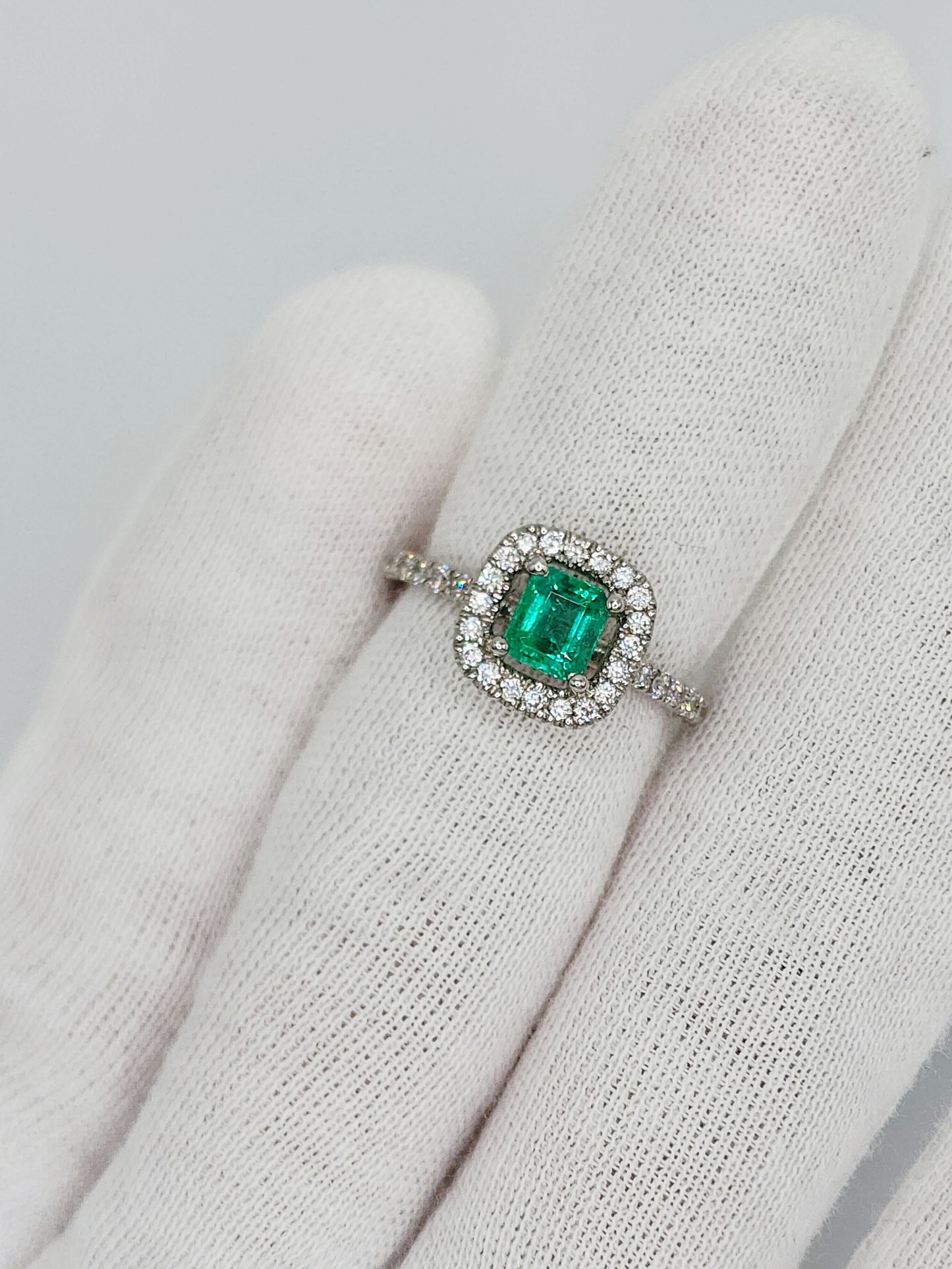 Princess Cut Emerald and Diamond Halo Engagement Ring in 18k White Gold