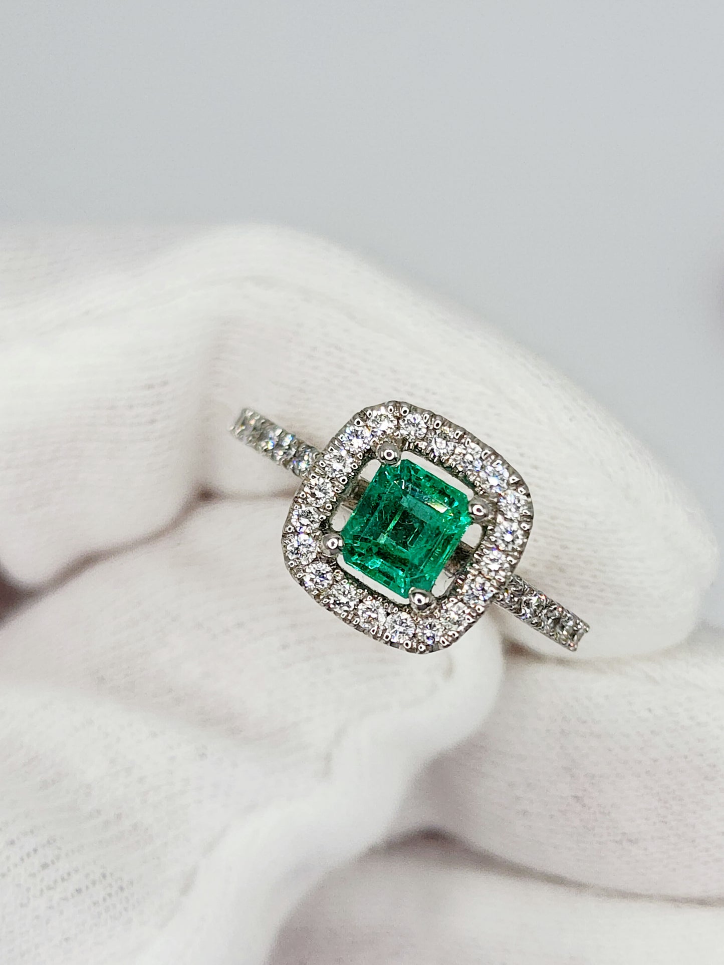 Princess Cut Emerald and Diamond Halo Engagement Ring in 18k White Gold