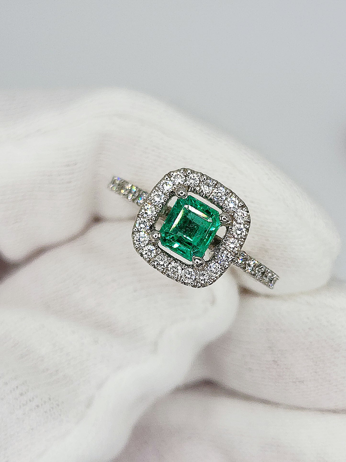 Princess Cut Emerald and Diamond Halo Engagement Ring in 18k White Gold