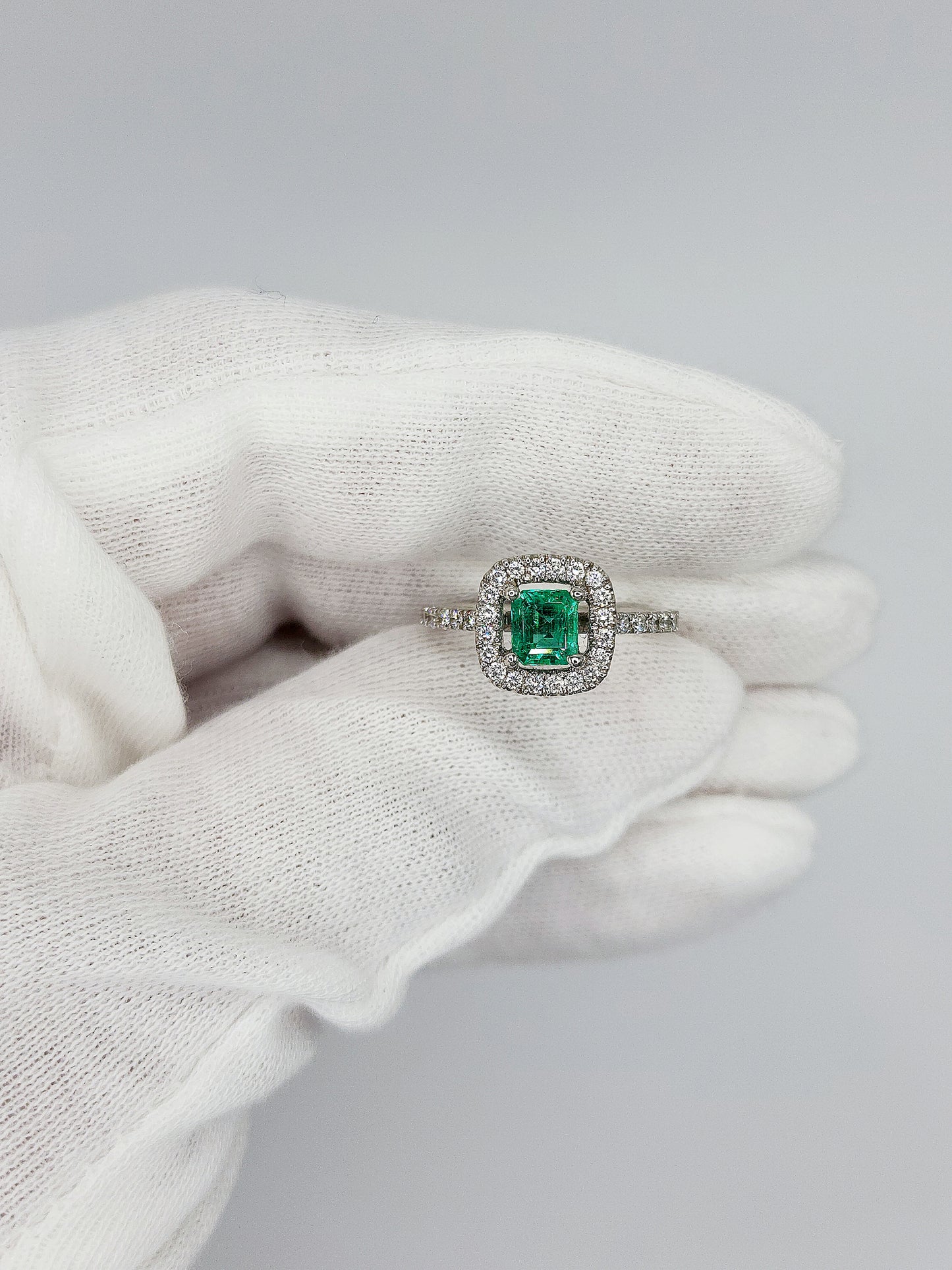 Princess Cut Emerald and Diamond Halo Engagement Ring in 18k White Gold