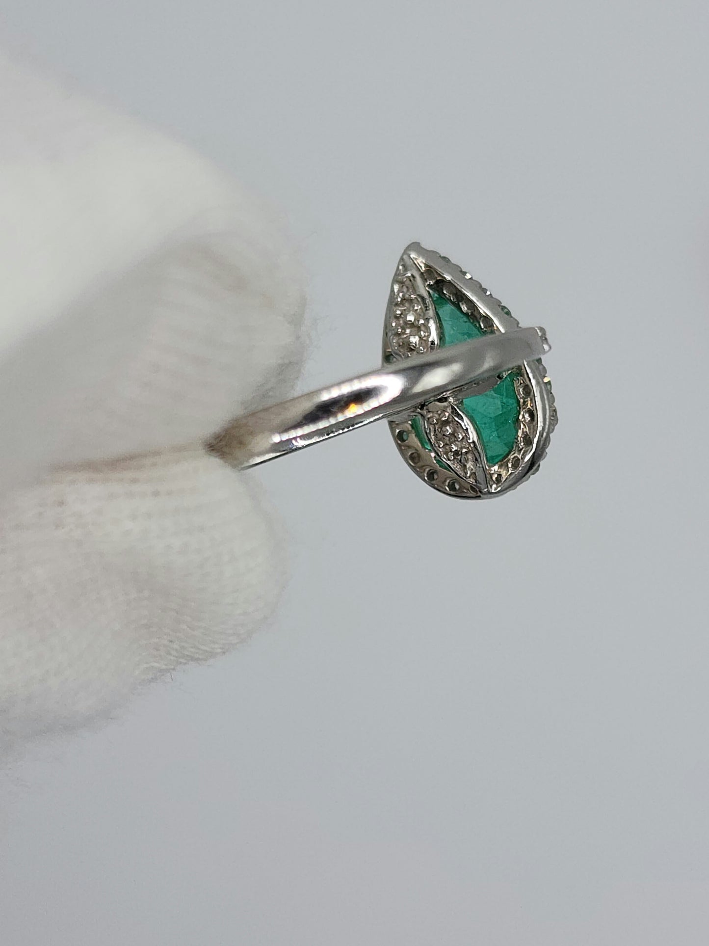 Pear Emerald and Halo Diamond Ring in 14k White Gold