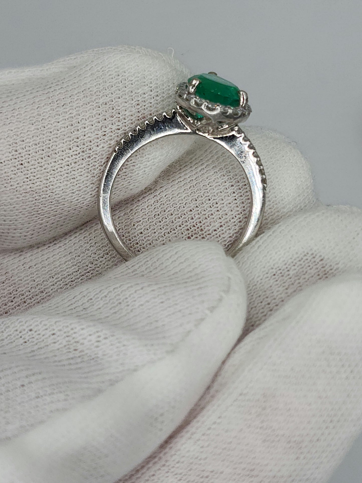 Pear Emerald and Halo Diamond Ring in 14k White Gold
