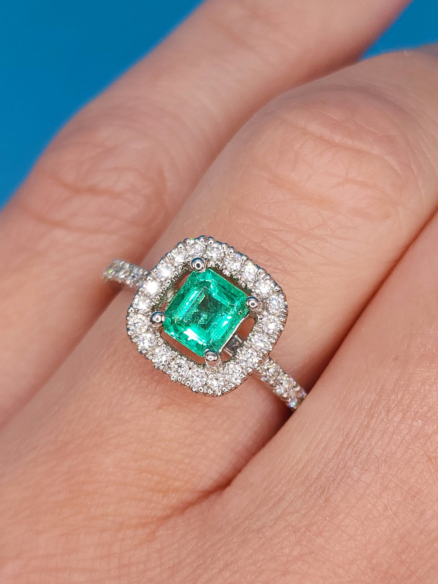 Princess Cut Emerald and Diamond Halo Engagement Ring in 18k White Gold