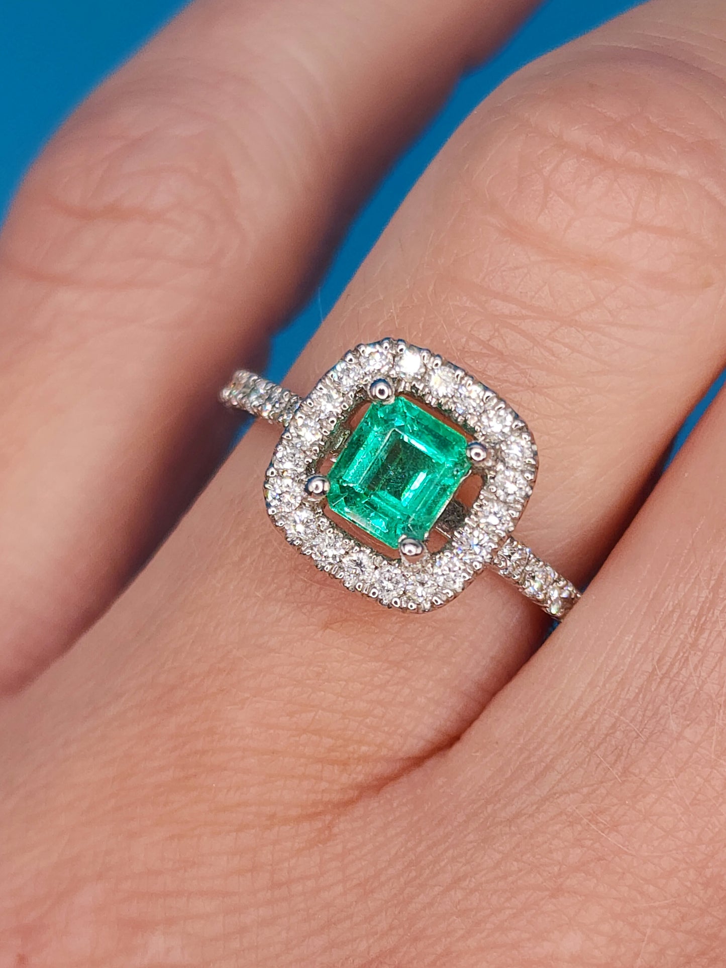 Princess Cut Emerald and Diamond Halo Engagement Ring in 18k White Gold