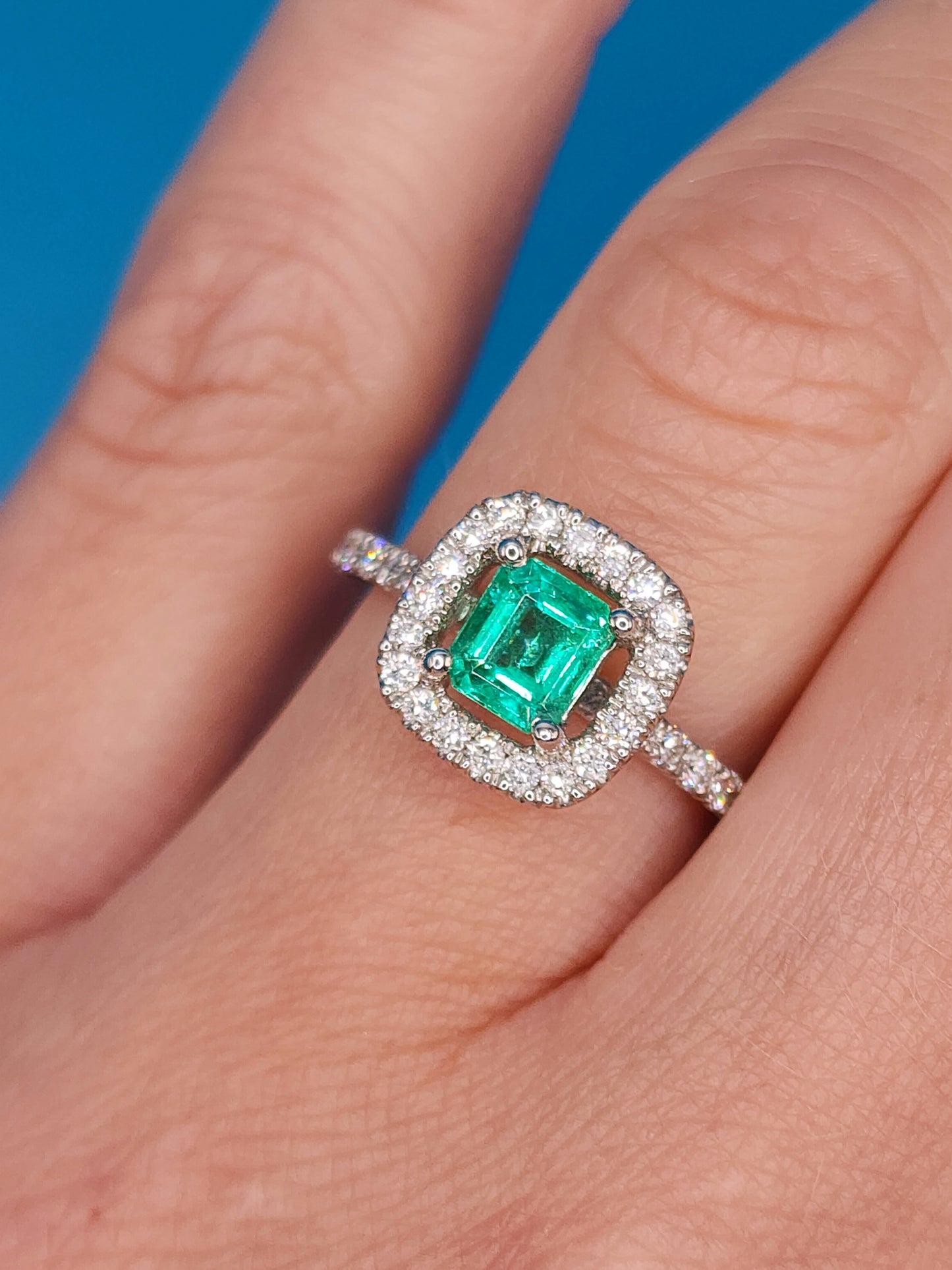 Princess Cut Emerald and Diamond Halo Engagement Ring in 18k White Gold