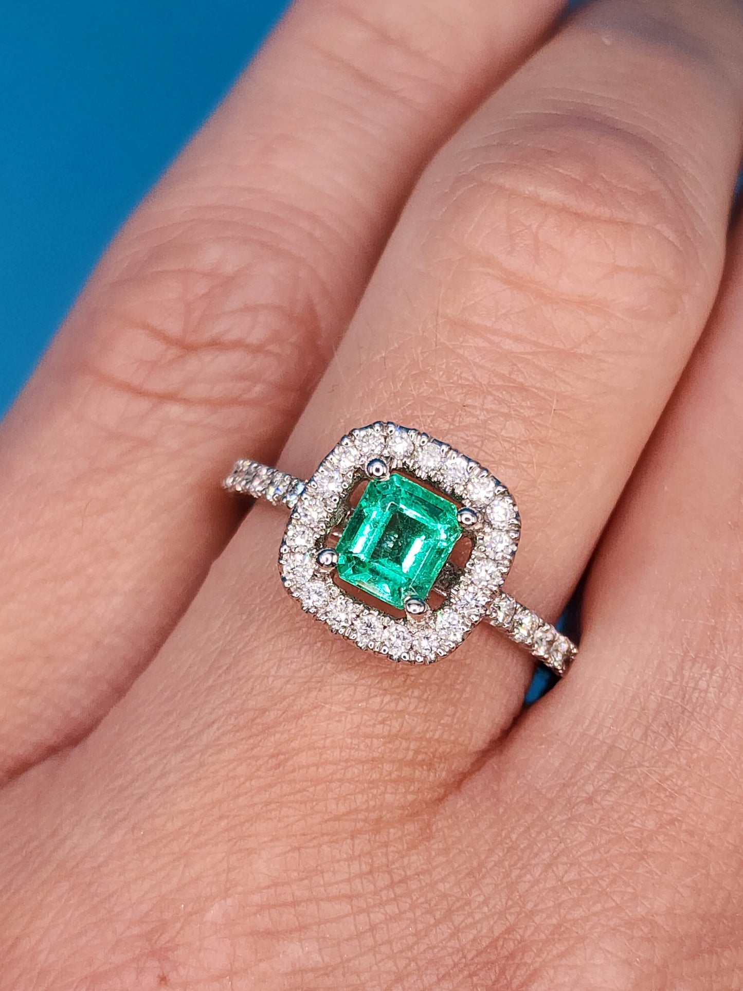 Princess Cut Emerald and Diamond Halo Engagement Ring in 18k White Gold