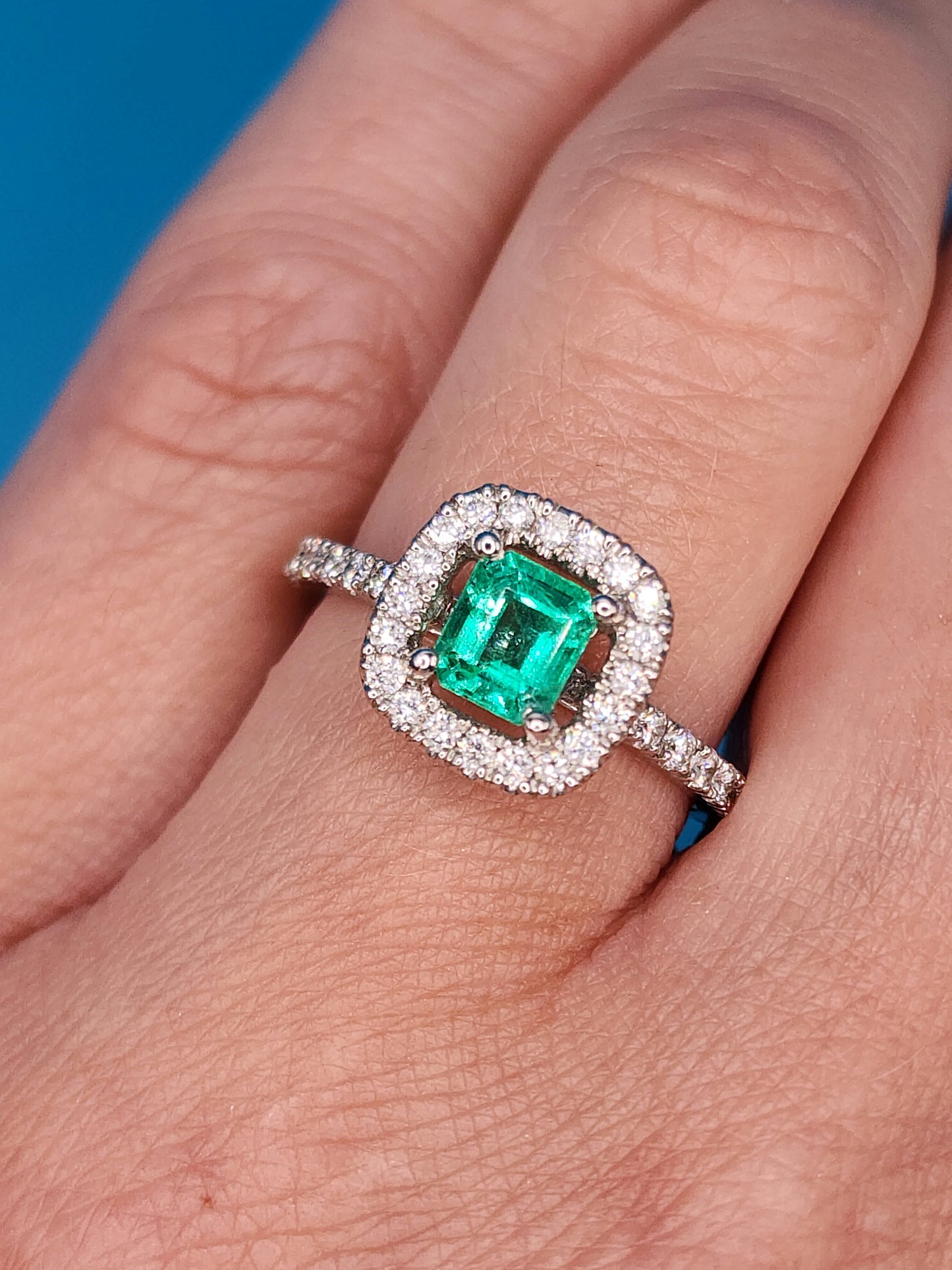 Princess Cut Emerald and Diamond Halo Engagement Ring in 18k White Gold