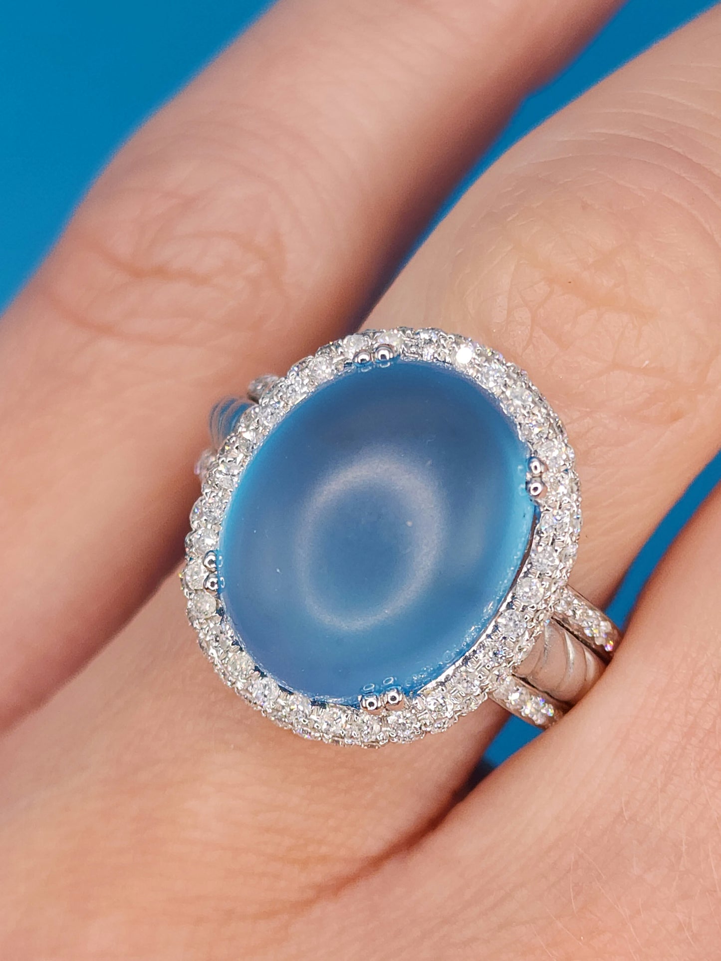 Satin Cabochon Cut Blue Topaz and Diamond Ring in 14k White Gold