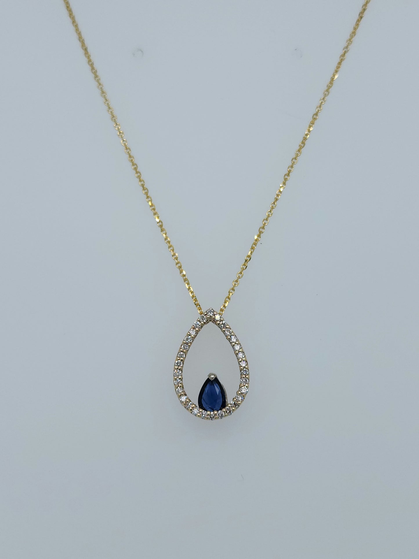 Tear Drop Diamond and Sapphire Pendant in 10k Yellow Gold