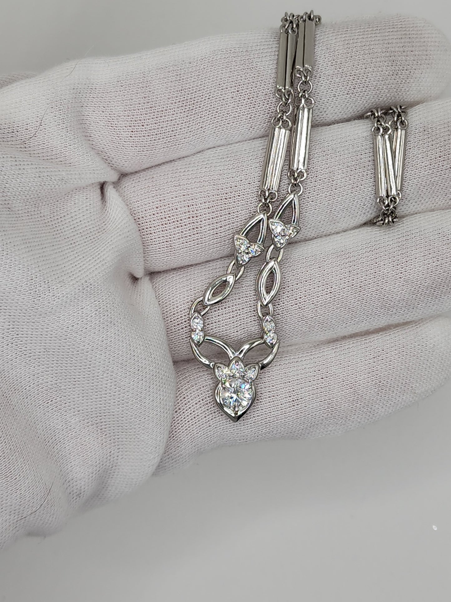 Platinum Fancy V-shape Necklace with Natural Diamonds 16" long