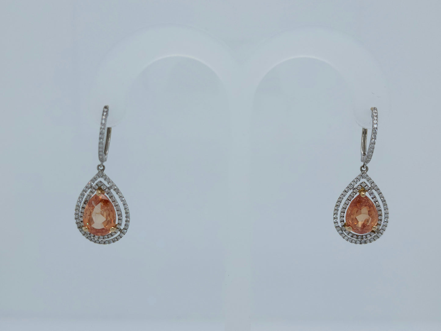 Pear-Shaped Imperial Topaz Double Diamond Halo Dangle Earrings in 18k White Gold