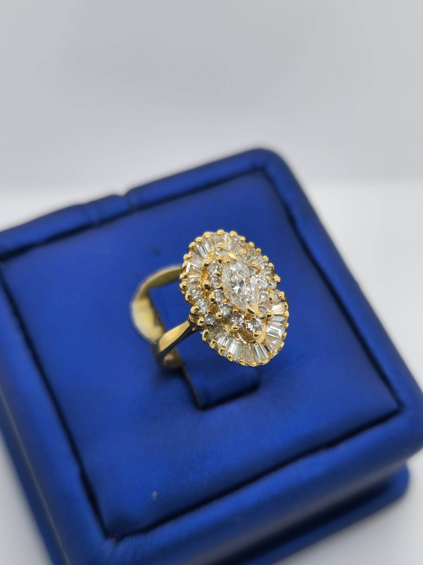 Ballerina Style Marquise Diamond Double Starburst Frame Engagement Ring in 18k Yellow Gold