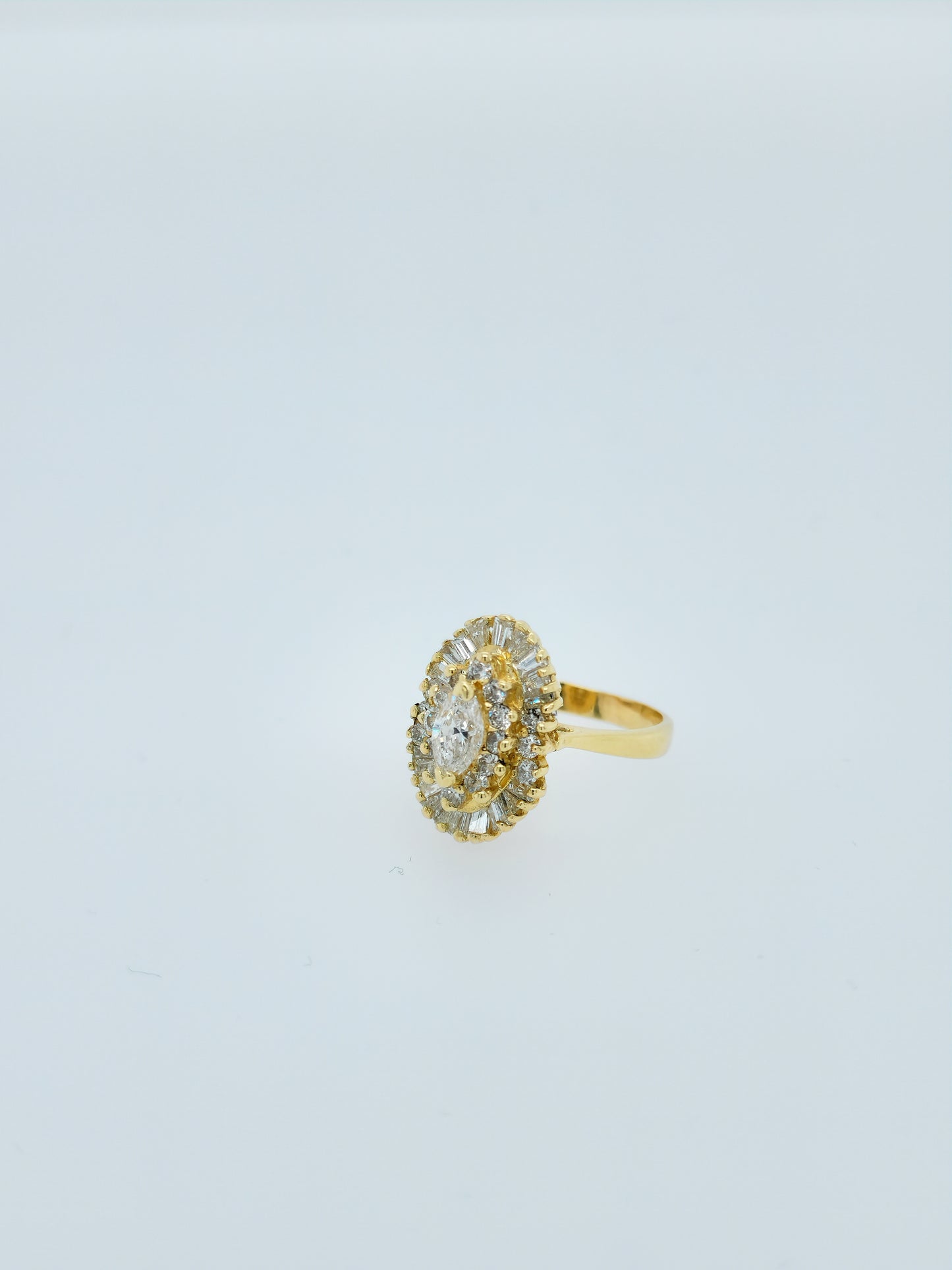Ballerina Style Marquise Diamond Double Starburst Frame Engagement Ring in 18k Yellow Gold