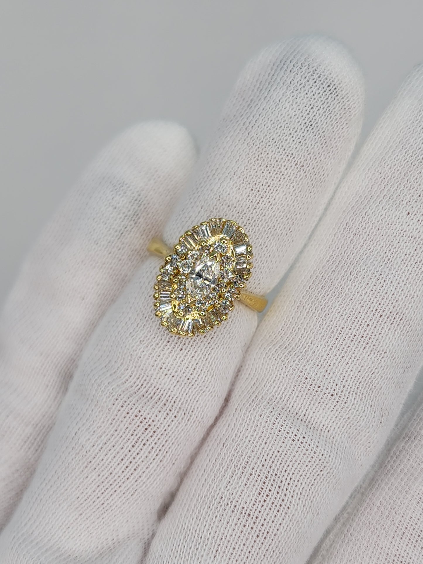 Ballerina Style Marquise Diamond Double Starburst Frame Engagement Ring in 18k Yellow Gold