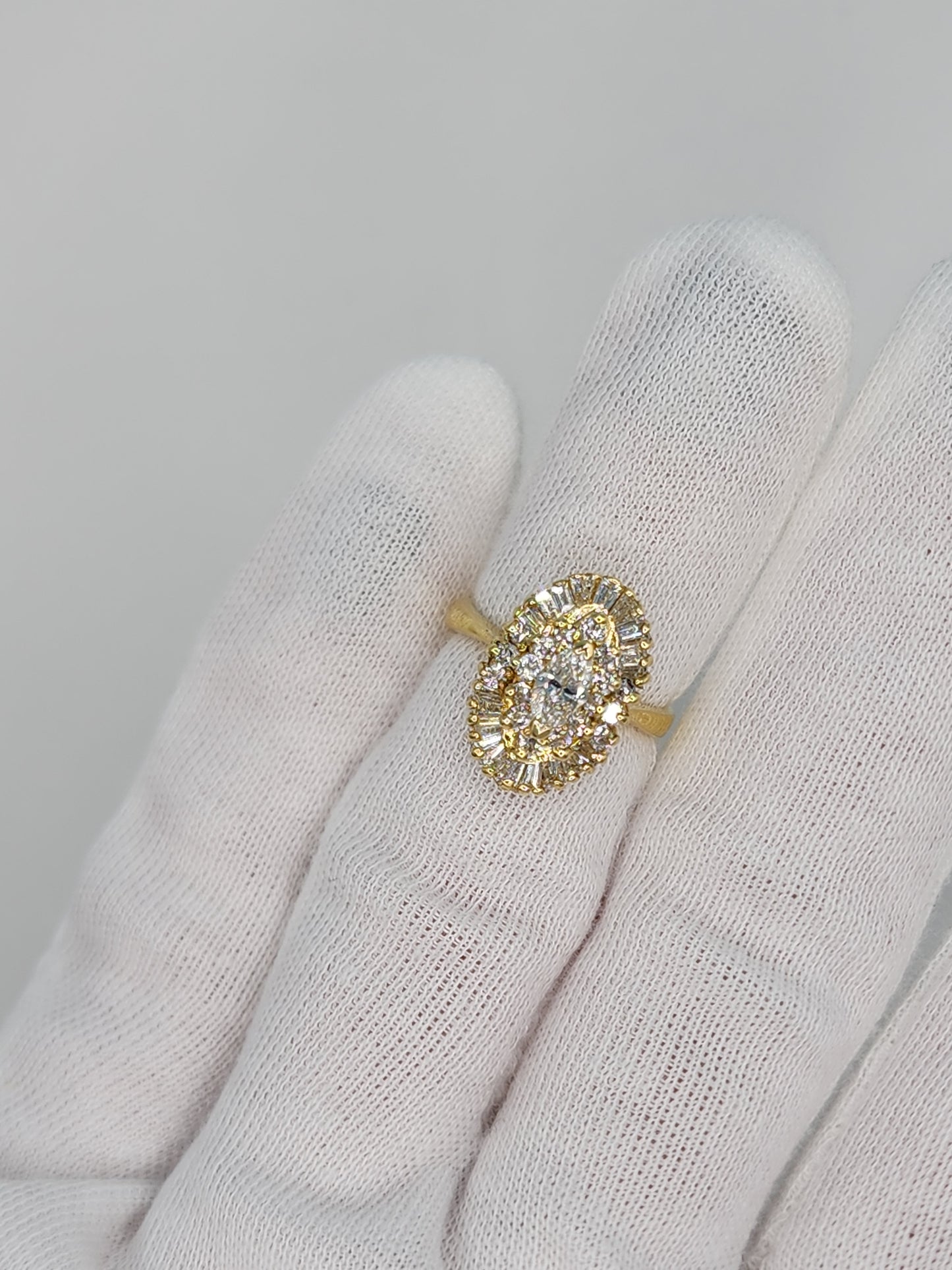 Ballerina Style Marquise Diamond Double Starburst Frame Engagement Ring in 18k Yellow Gold