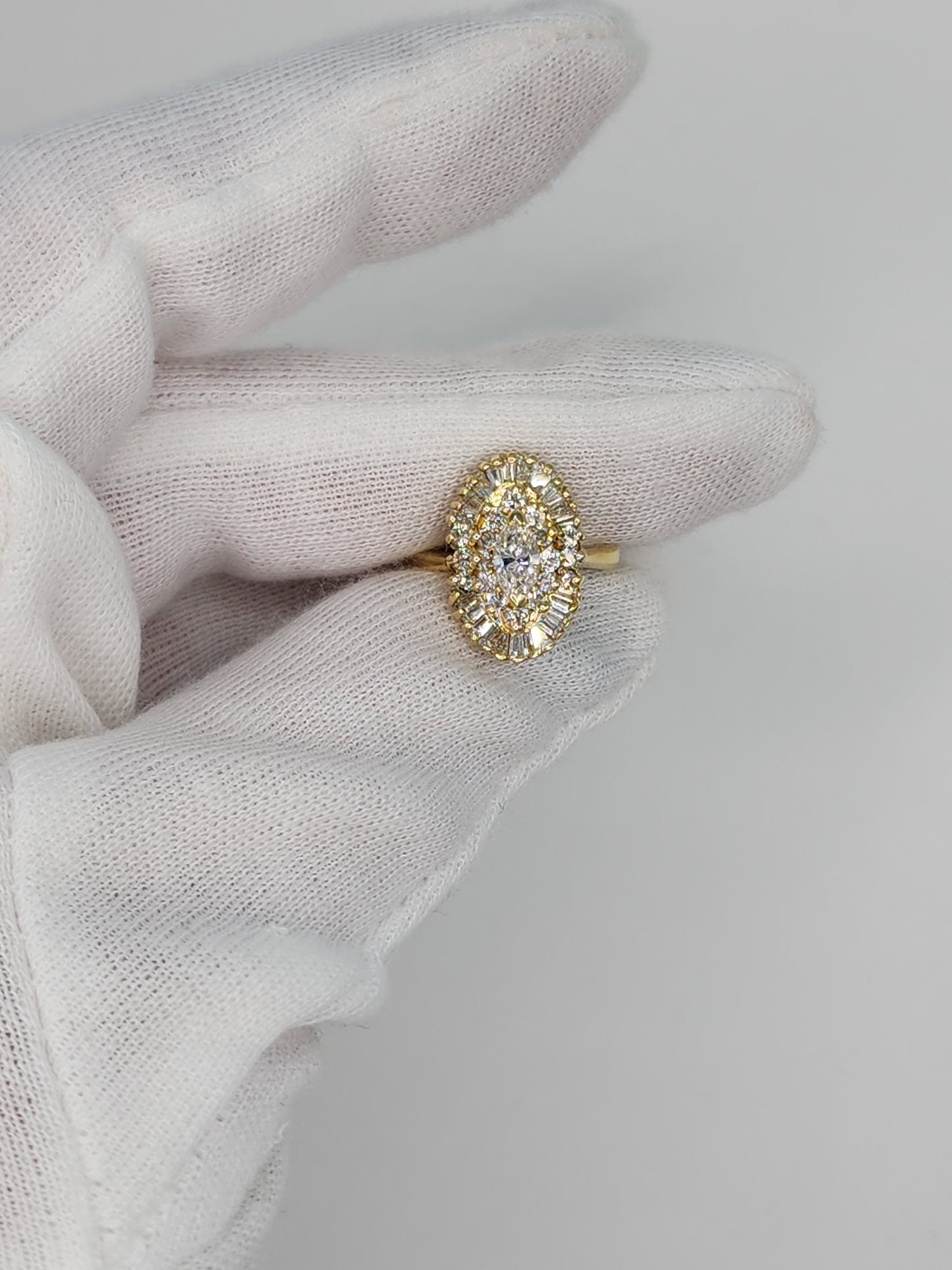 Ballerina Style Marquise Diamond Double Starburst Frame Engagement Ring in 18k Yellow Gold