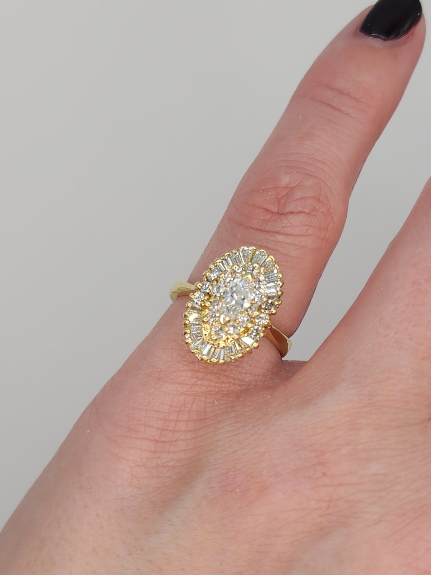 Ballerina Style Marquise Diamond Double Starburst Frame Engagement Ring in 18k Yellow Gold