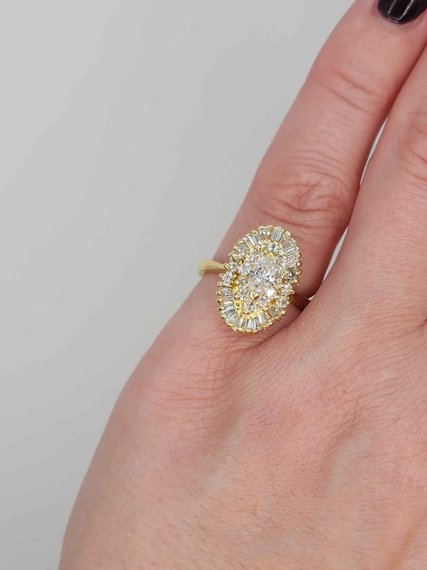 Ballerina Style Marquise Diamond Double Starburst Frame Engagement Ring in 18k Yellow Gold