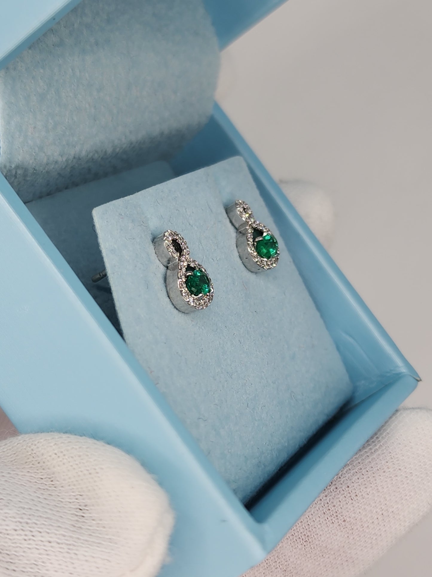 Emerald and Diamond Infinity Stud Earrings in 14k White Gold