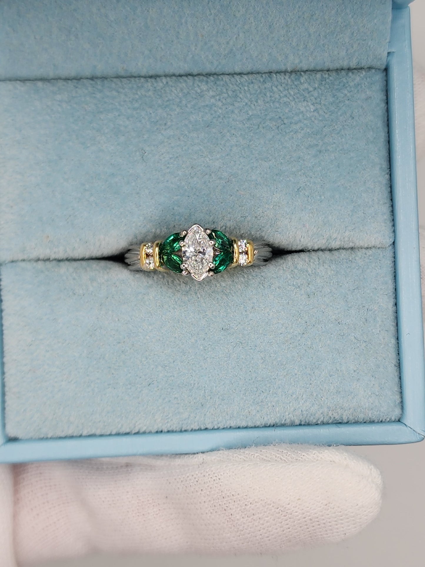 Marquise Cut Diamond and Emerald Engagement Ring in Platimun and 18k Yellow Gold