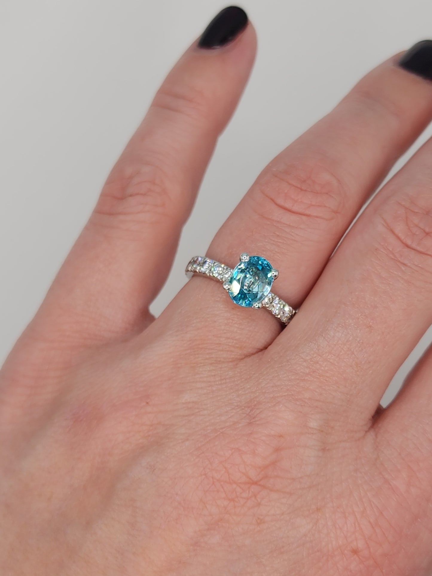 Natural 2.24 ct Blue Zircon and Diamond Ring in 14k White Gold