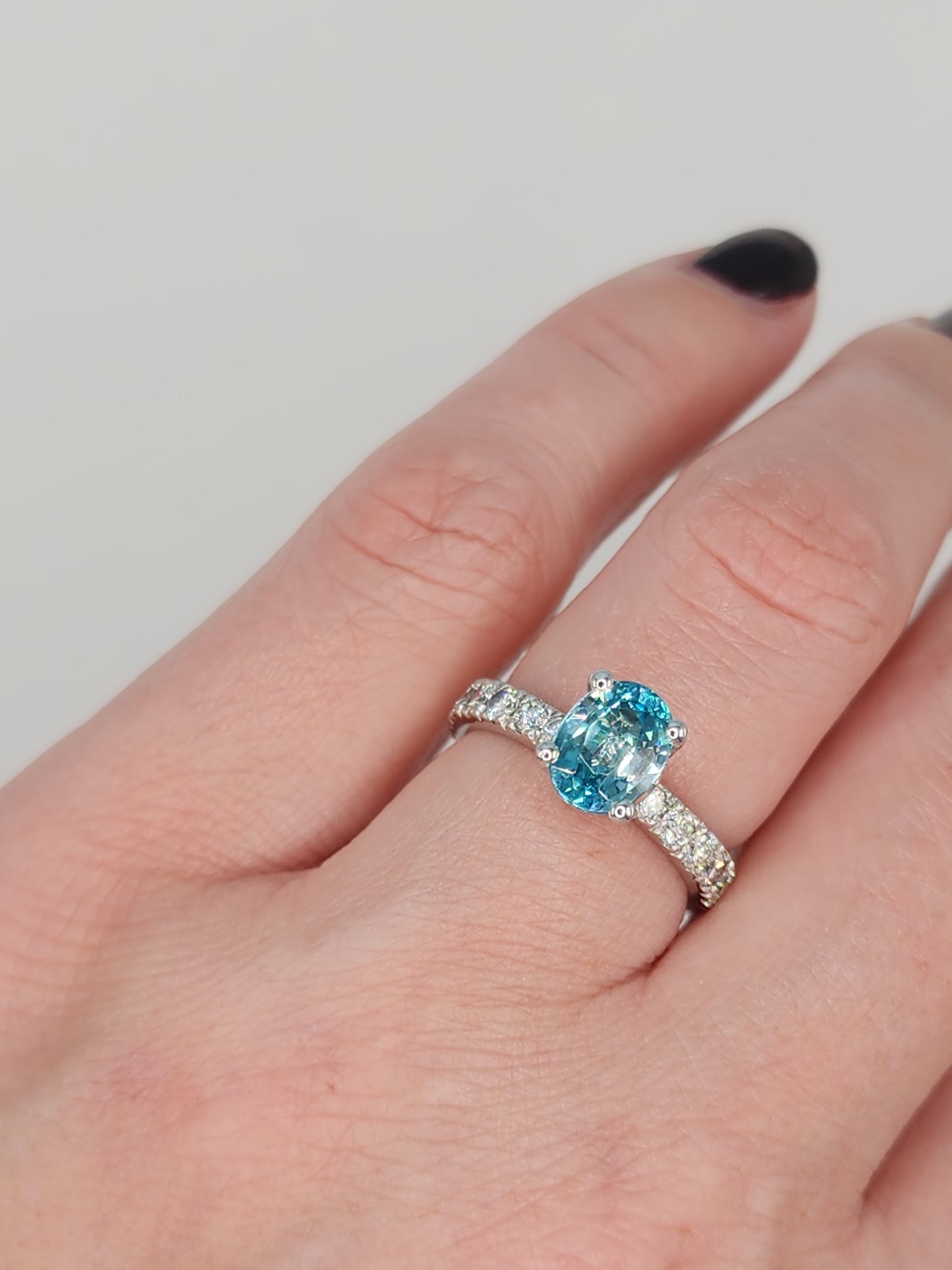 Natural 2.24 ct Blue Zircon and Diamond Ring in 14k White Gold
