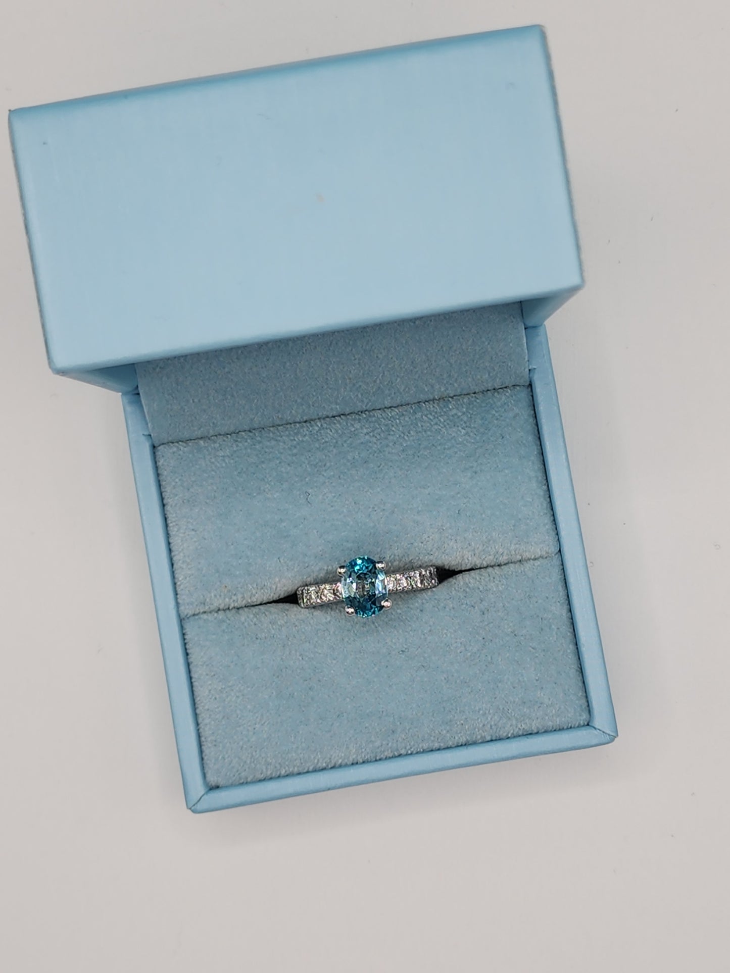 Natural 2.24 ct Blue Zircon and Diamond Ring in 14k White Gold