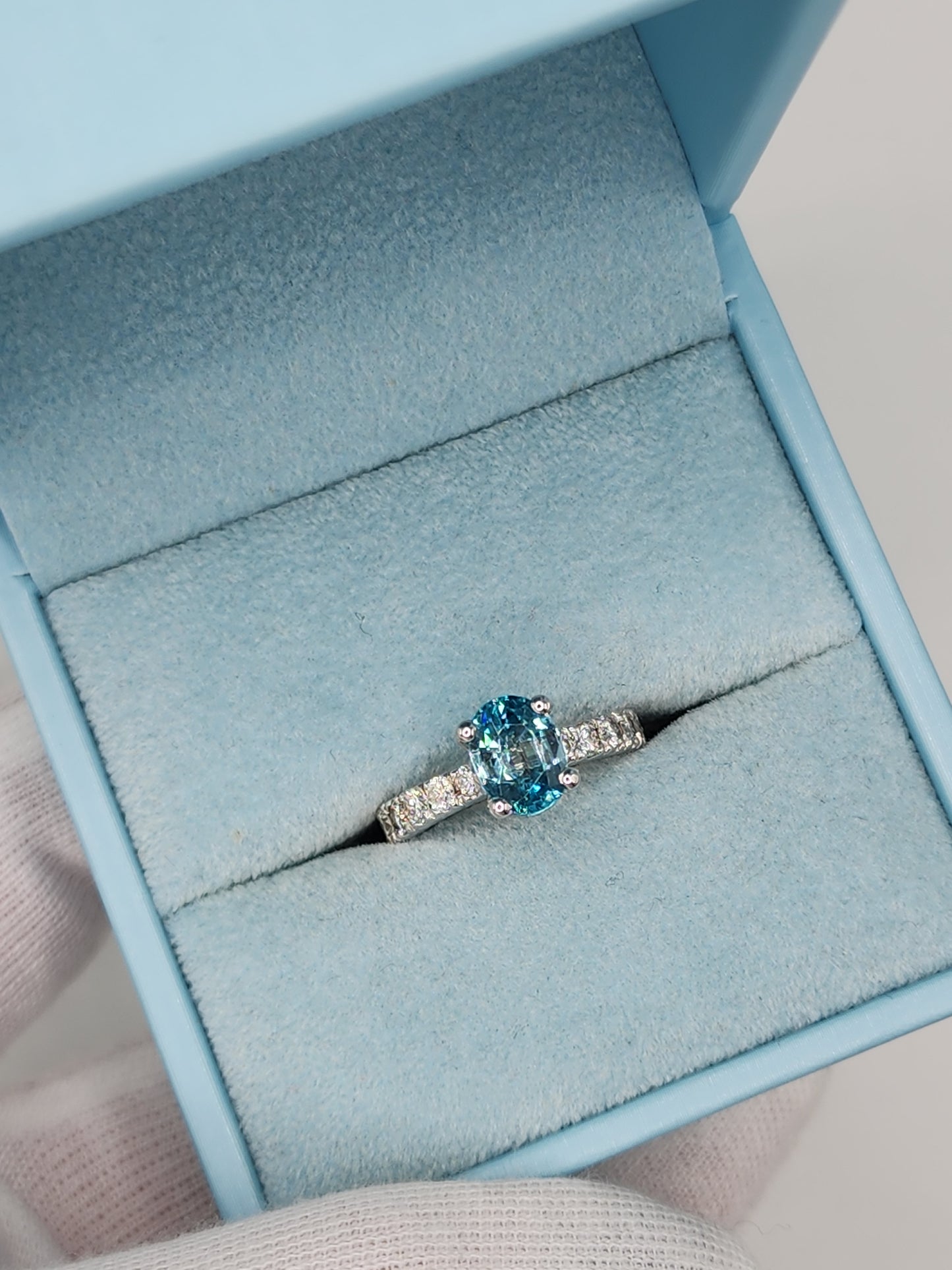 Natural 2.24 ct Blue Zircon and Diamond Ring in 14k White Gold