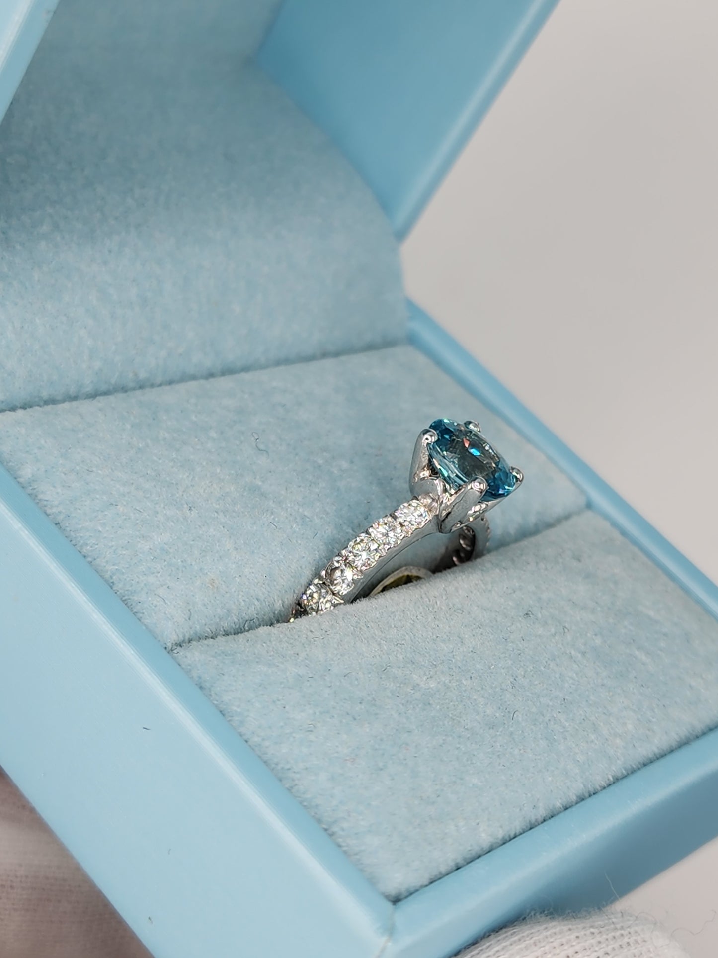 Natural 2.24 ct Blue Zircon and Diamond Ring in 14k White Gold