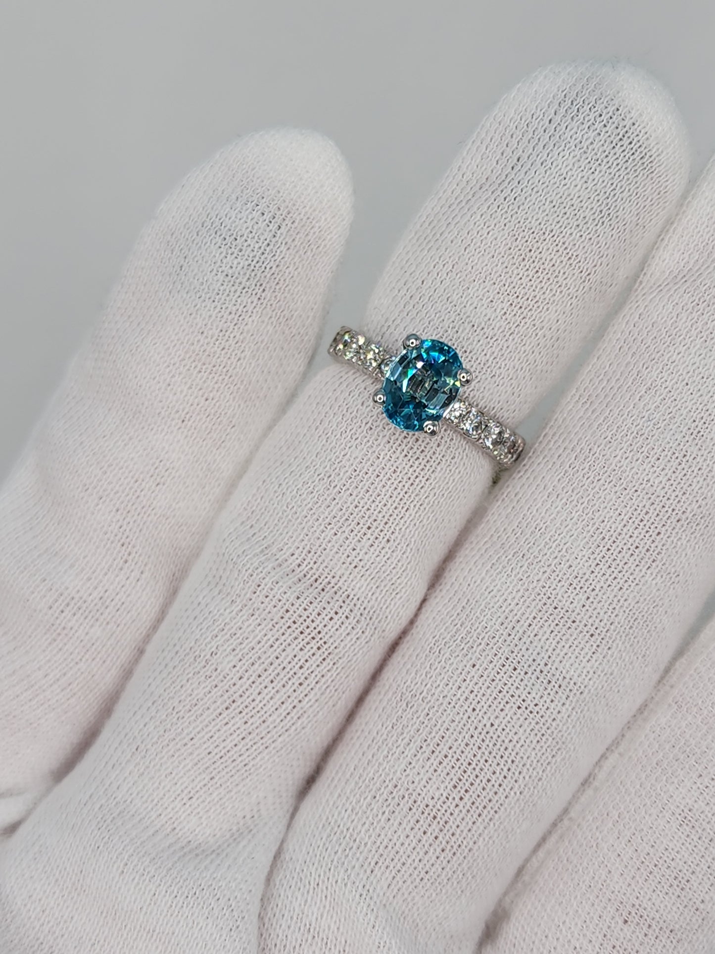 Natural 2.24 ct Blue Zircon and Diamond Ring in 14k White Gold