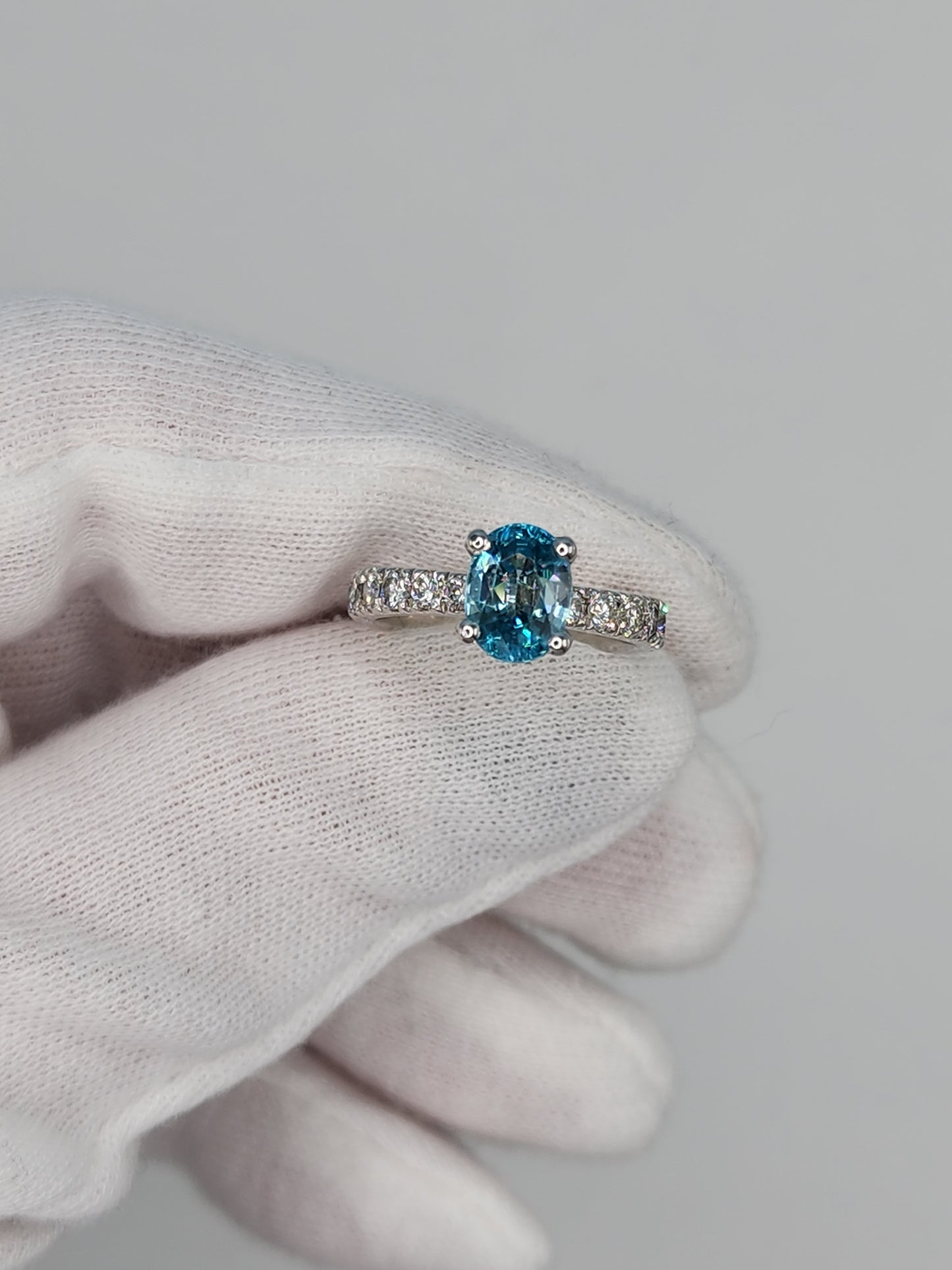 Natural 2.24 ct Blue Zircon and Diamond Ring in 14k White Gold