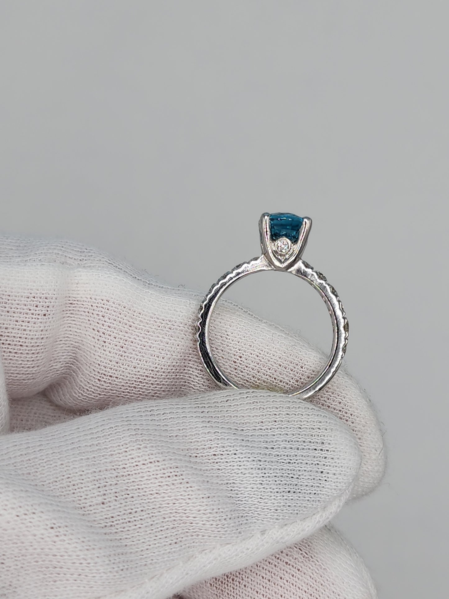 Natural 2.24 ct Blue Zircon and Diamond Ring in 14k White Gold