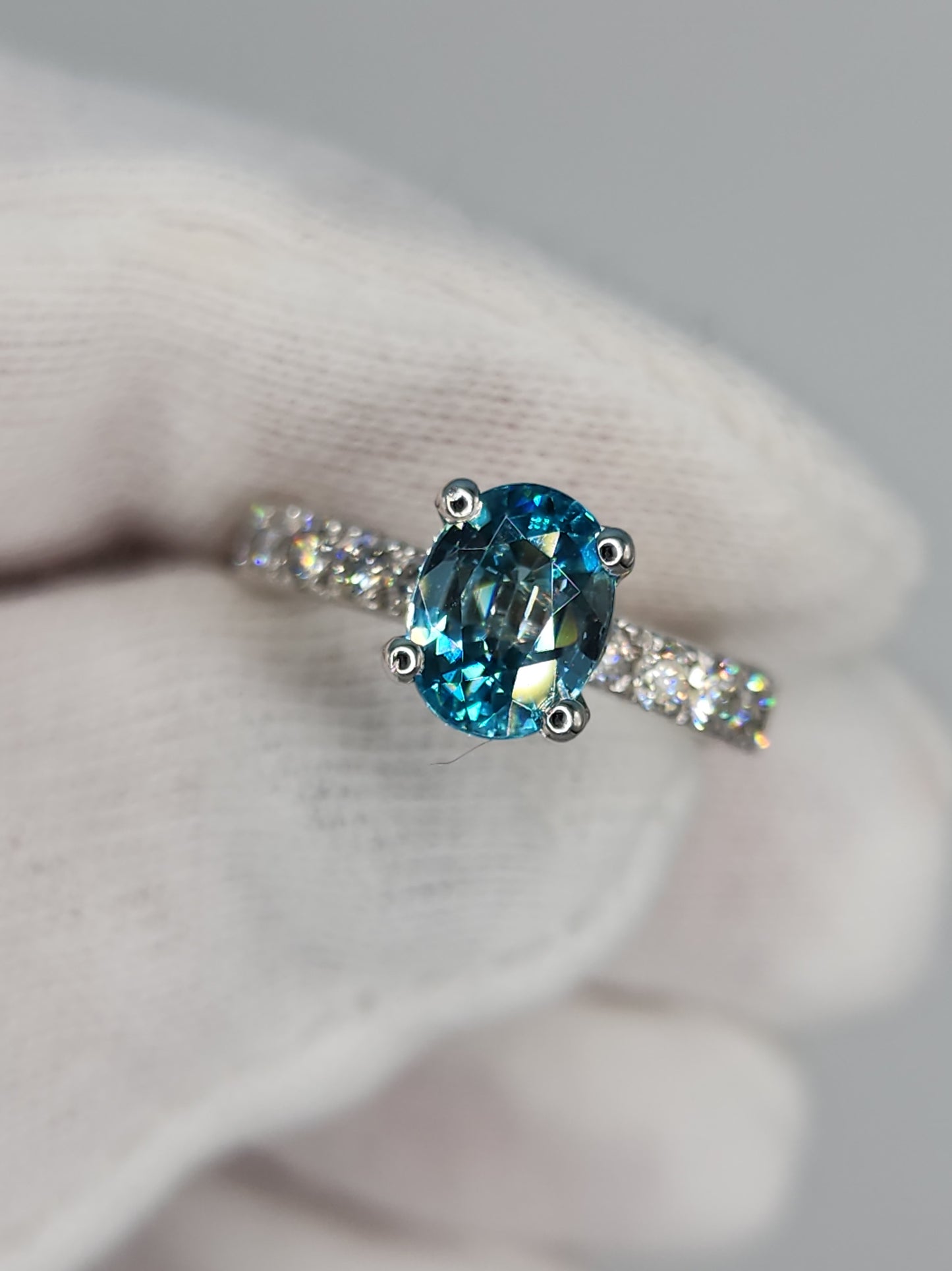 Natural 2.24 ct Blue Zircon and Diamond Ring in 14k White Gold