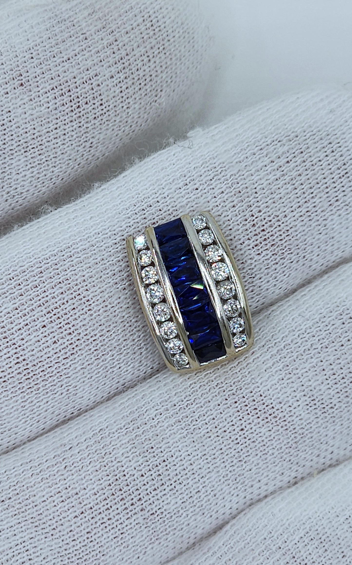 Baguette Cut Sapphire and Double Row Diamond Pendant in 18k White Gold
