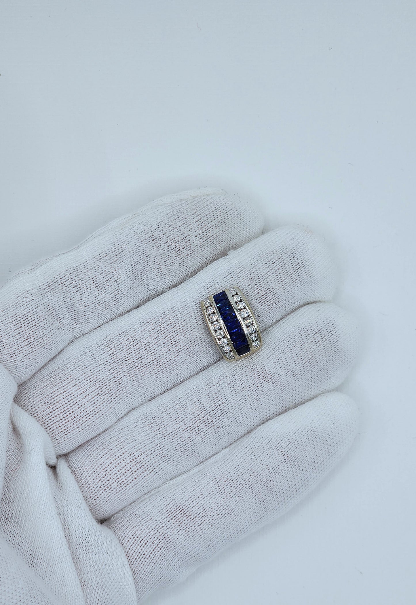 Baguette Cut Sapphire and Double Row Diamond Pendant in 18k White Gold