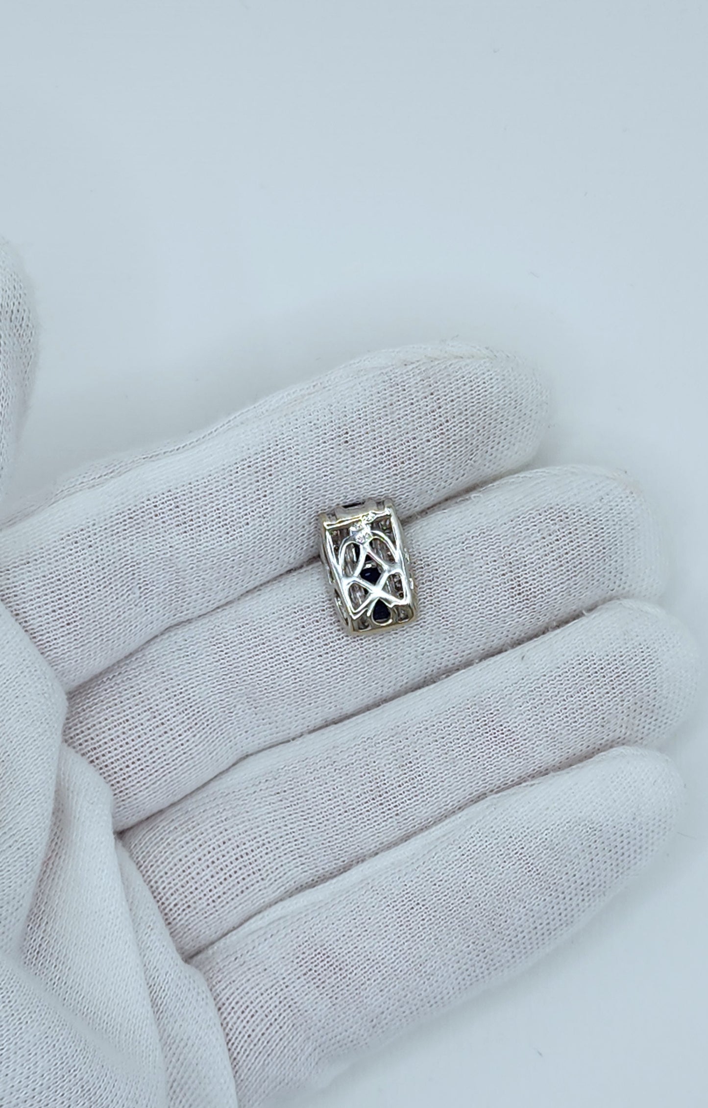 Baguette Cut Sapphire and Double Row Diamond Pendant in 18k White Gold