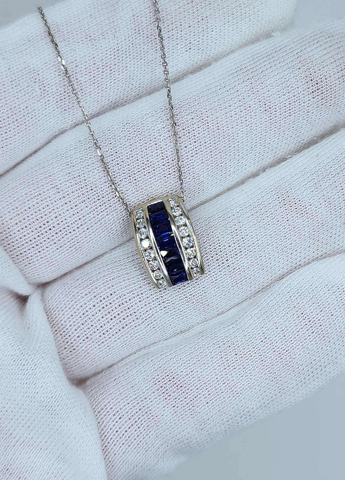 Baguette Cut Sapphire and Double Row Diamond Pendant in 18k White Gold