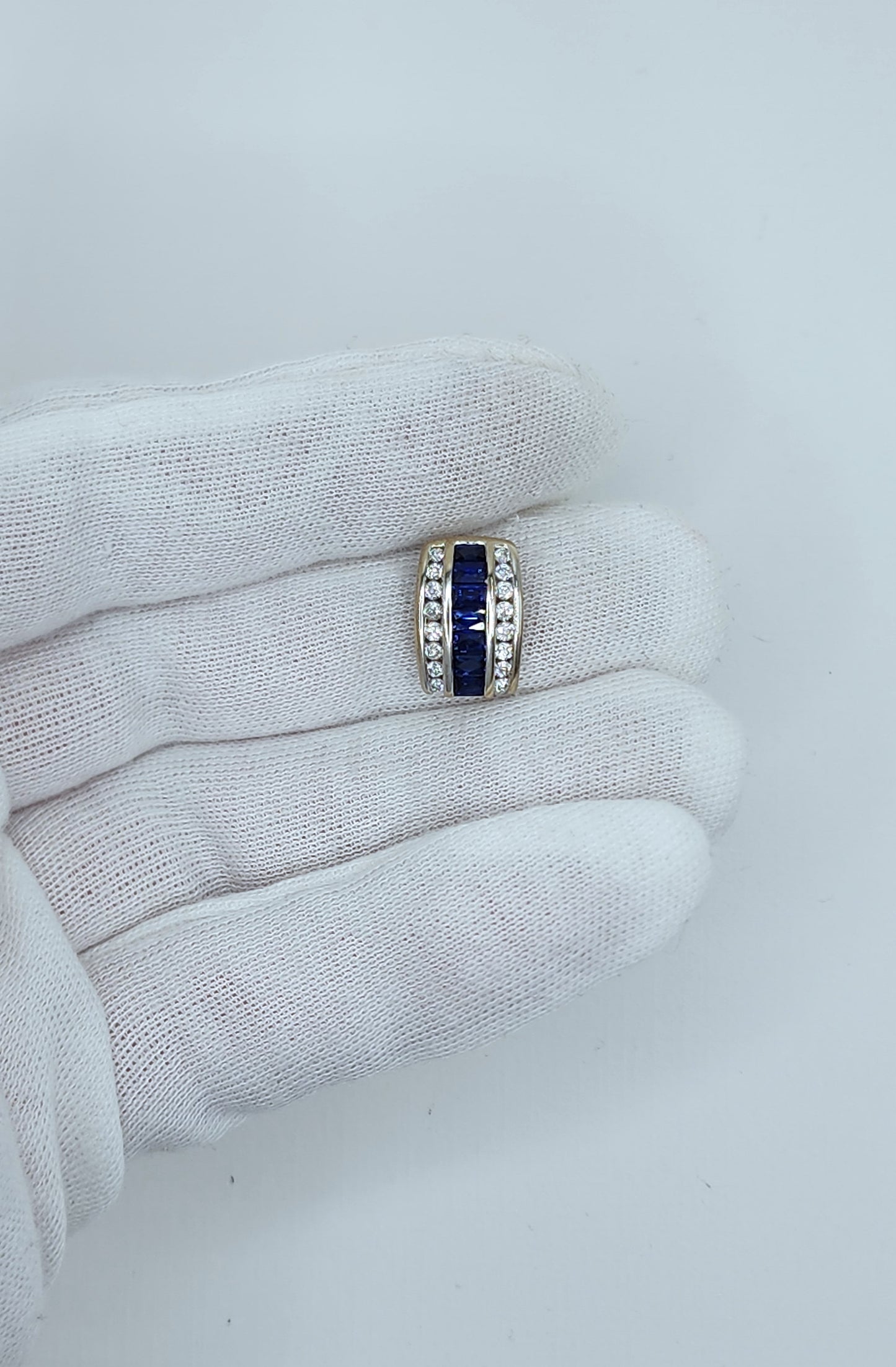 Baguette Cut Sapphire and Double Row Diamond Pendant in 18k White Gold