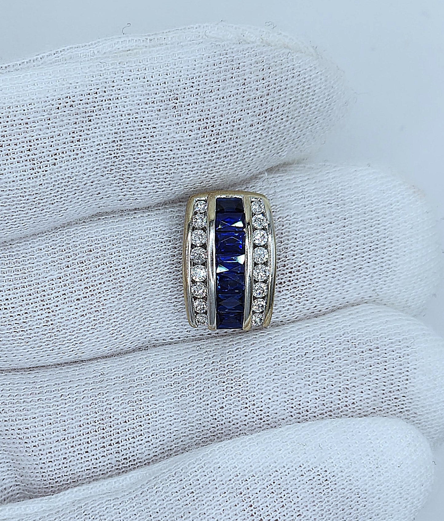 Baguette Cut Sapphire and Double Row Diamond Pendant in 18k White Gold