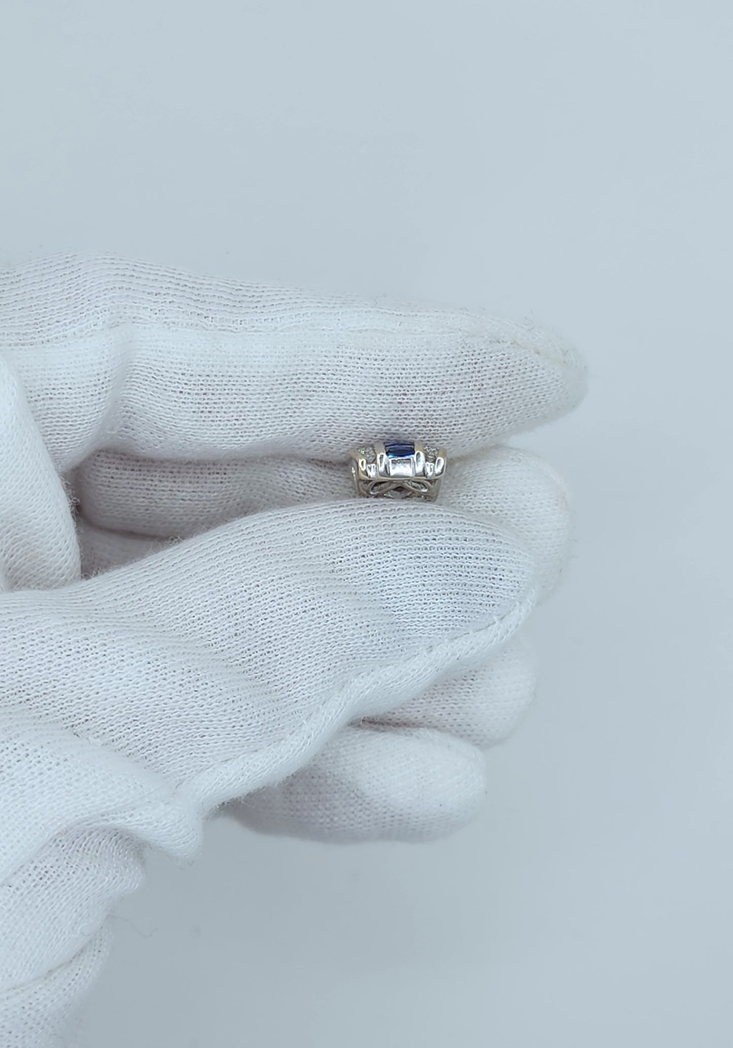 Baguette Cut Sapphire and Double Row Diamond Pendant in 18k White Gold