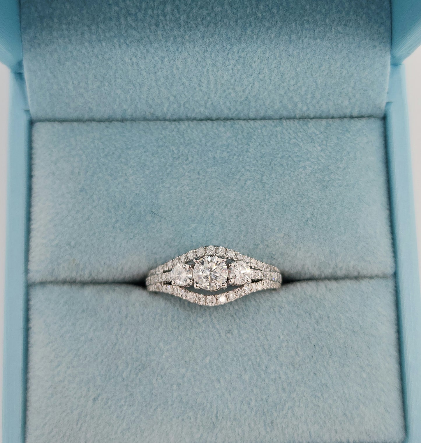 Three Stone Past, Present and Future Design Diamond Split Shank Ring in 14k White Gold