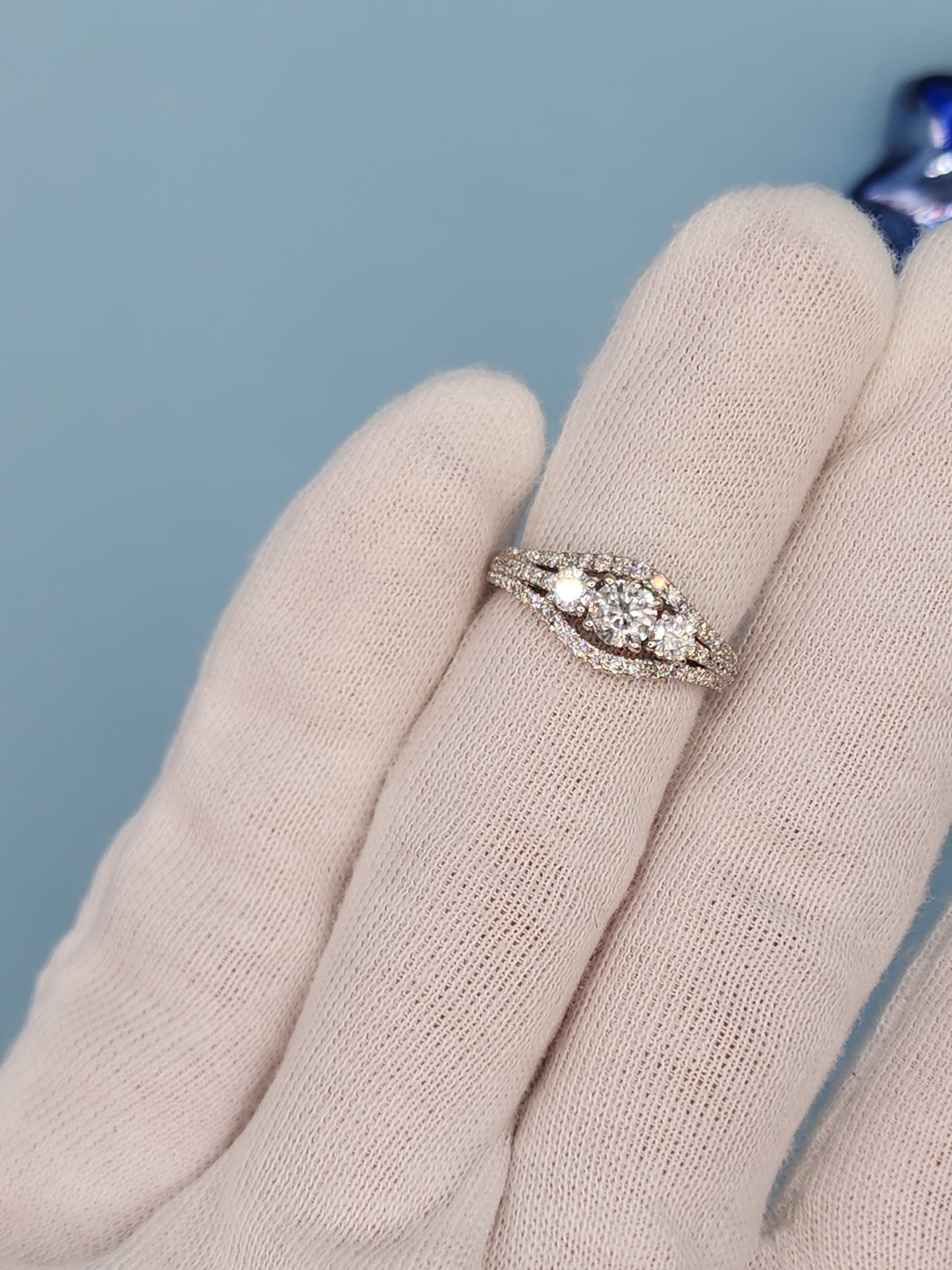 Three Stone Past, Present and Future Design Diamond Split Shank Ring in 14k White Gold